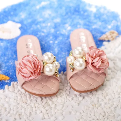 Обувь для девочек; летние шлепанцы принцессы; милые розовые шлепанцы для девочек; Большой жемчуг; цветы; детская обувь на плоской резиновой подошве; размеры 24-37 - Цвет: Розовый