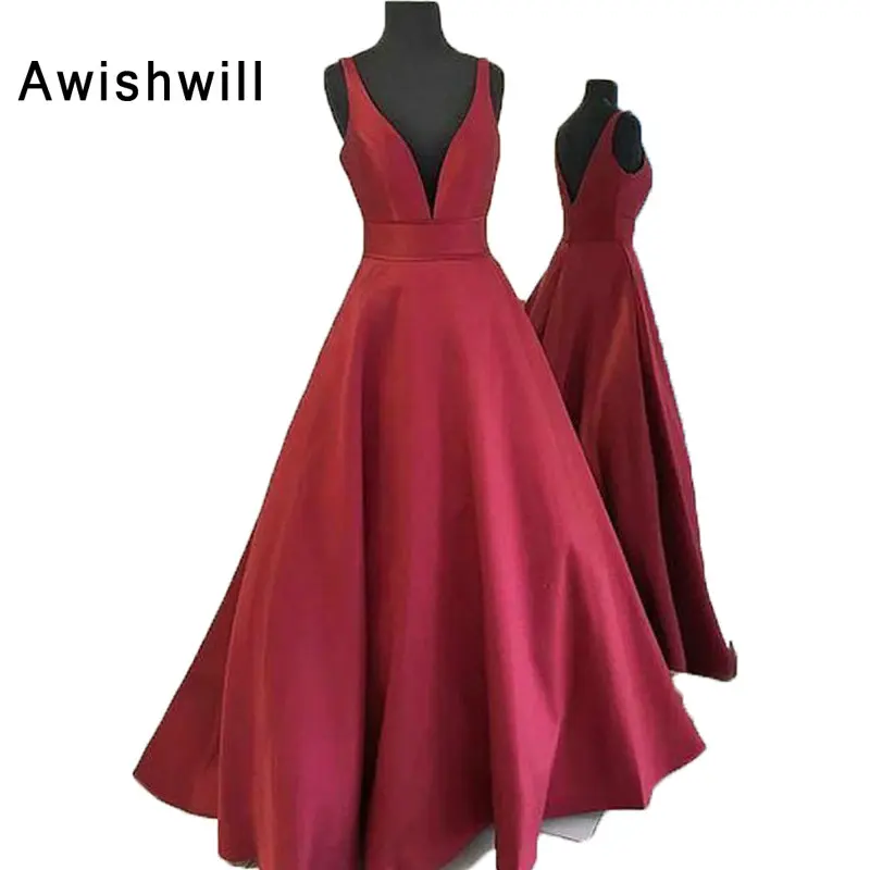 

New Arrival Deep V-neck Satin A Line Sleeveless Floor Length Evening Dresses Open Back Prom Party Dress for Women