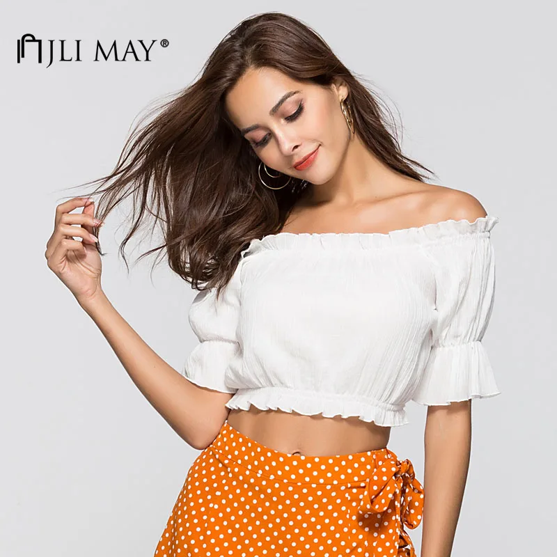 

JLI MAY Off shoulder Solid Ruffle Short T shirts White Women Summer Casual High Street half sleeve slash neck elegant sexy top
