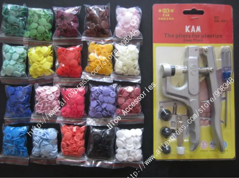 36 COLORS GLOSSY KAM PLASTIC SNAPS FASTENER SNAP BUTTON WITH TOOL SIZE