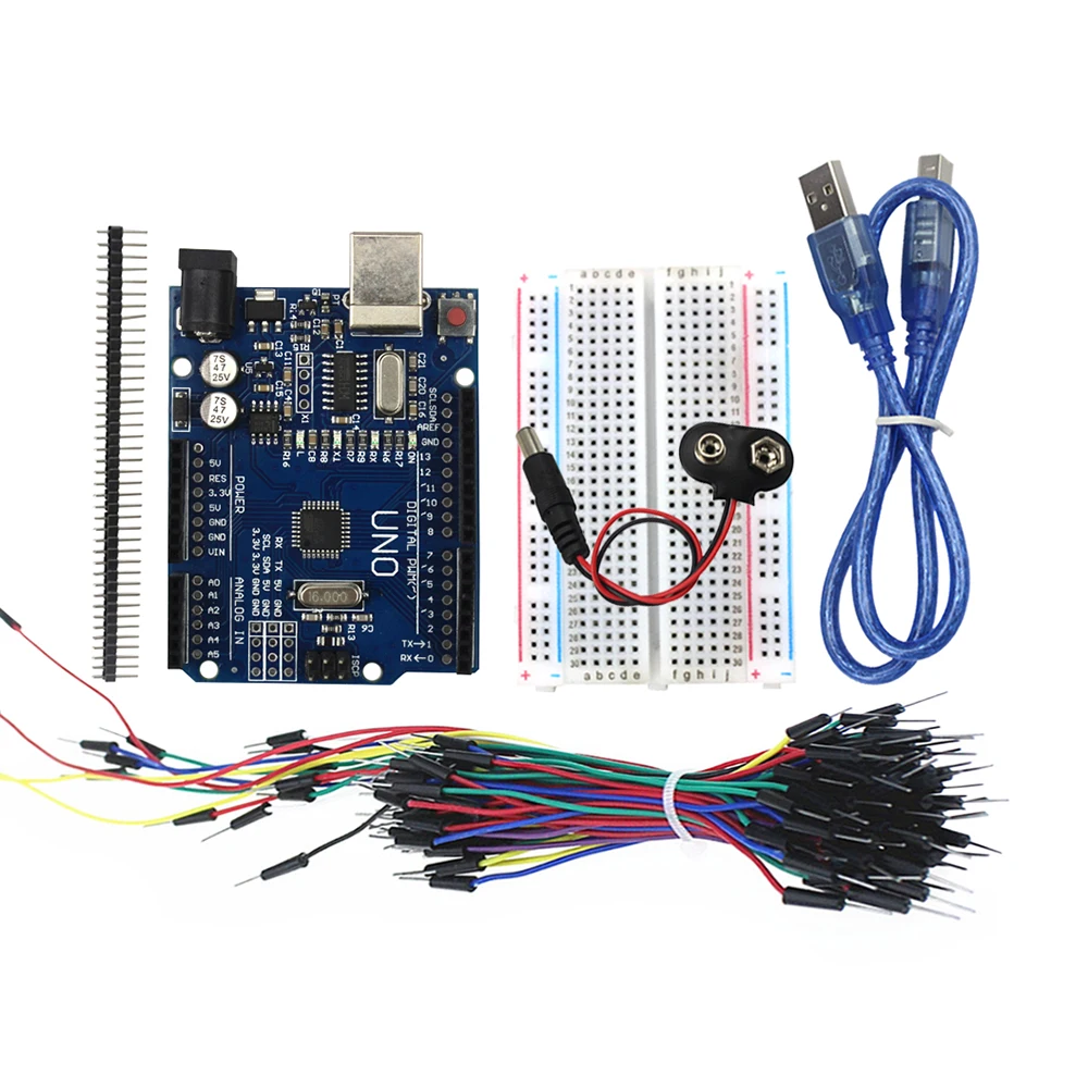 Bundle of 5 Items Uno R3, Breadboard, Jumper Wires, USB Cable and 9V Battery Connector for