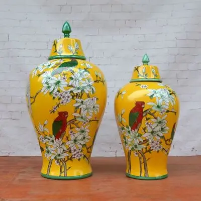 

European Style Pastel porcelain temple jar Yellow Flower Bird porcelain Pot With Chinese And Western Decorative Ornaments jar