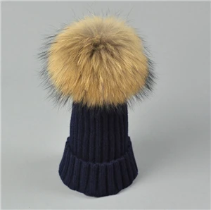 Модные толстые детские шапки на осень и зиму, вязаные помпоны, шляпы с настоящим мехом, шапочки с шариками, Детские шапочки и шапочки для мальчиков и девочек - Цвет: navy