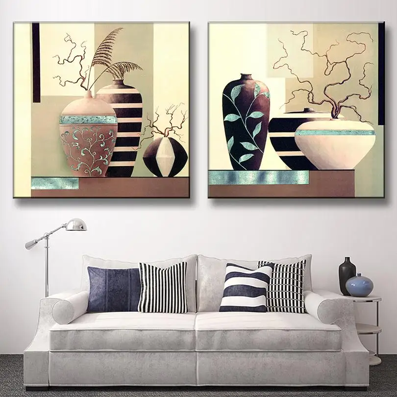 

Painting Calligraphy Modern Painting Printed on Canvas 2 Pictures Framed canvas Vases Wall Art Painting