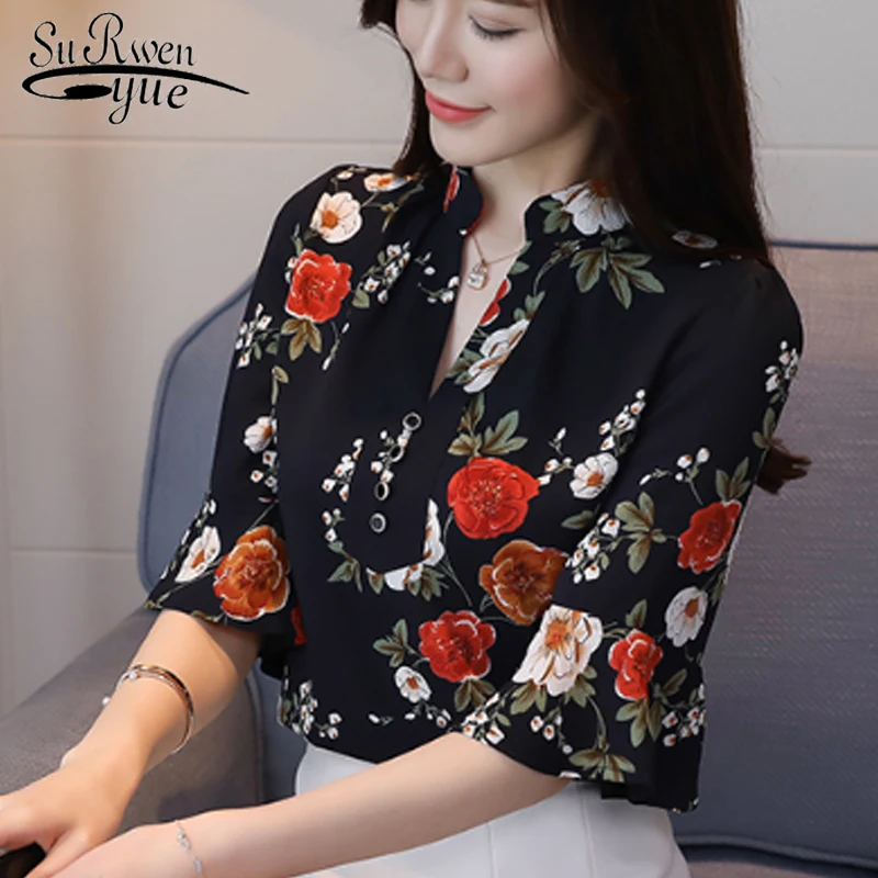 

Flare Sleeve Women Summer Tops Plus Size Print Chiffon Blouse Women Shirt Office Lady Blouse Women's Clothing Blusas 0117 30