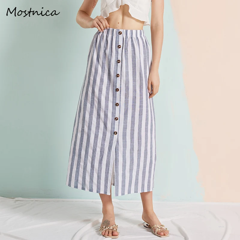 

Mostnica Casual Vertical Striped Long Skirts for Women Linen Button Woman Split Straight Skirt Plus Size Female Bottoms