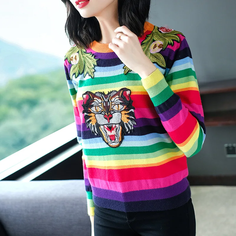 Tiger head embroidery striped elastic knit sweater 2018 new women autumn winter pullovers sweater