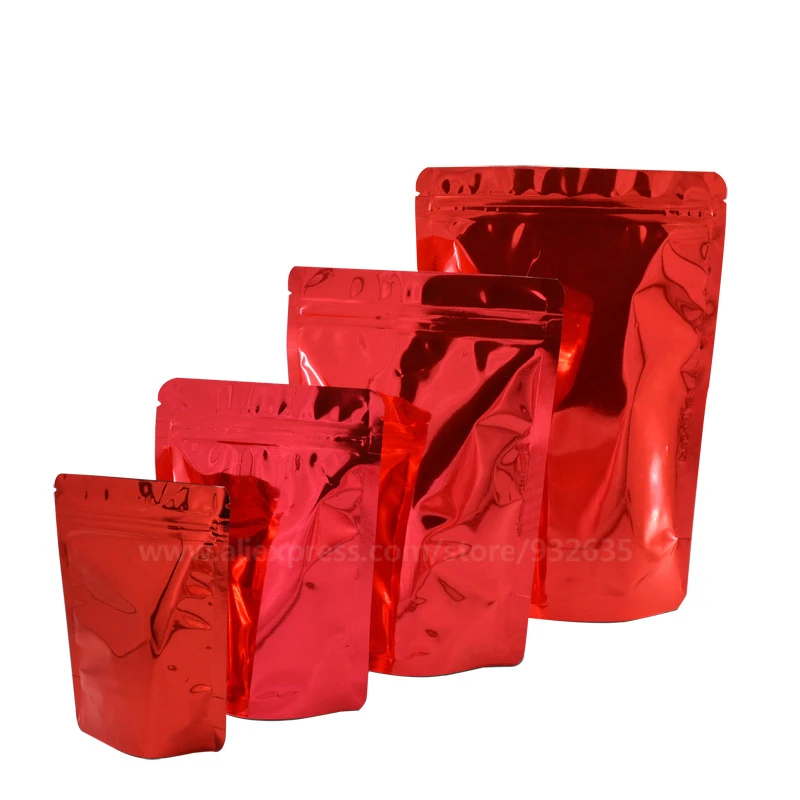 

Red Color Stand Up Zipper Foil Bag For Food Storage Cosmetic Leak Proof Thick Bag Wholesale Price 100 Pcs Customized Your Logo
