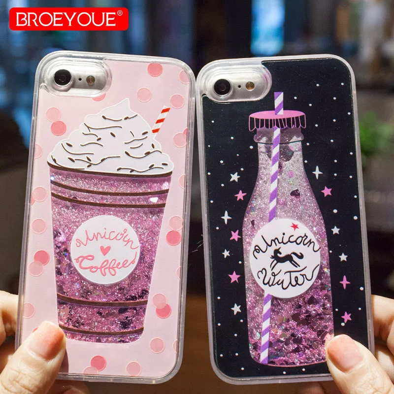 

Quicksand Phone Case For iPhone SE 7 8 6 6S Plus 5 5S Liquid Cover Cartoon PC Hard Glitter Love Heart Dynamic Transparent Capa