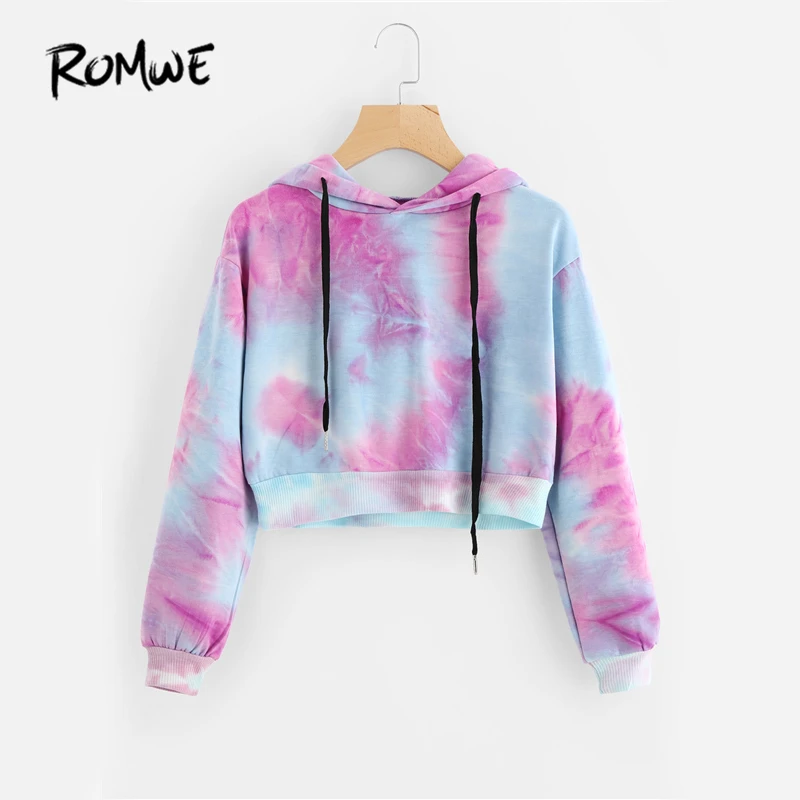  ROMWE Water Color Crop Hoodies Multicolor Casual Women Drawstring Hooded Sweatshirt Autumn Tie Dye 