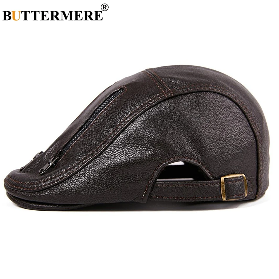 leather beret hat mens BUTTERMERE Black Berets For Men Leather Flat Caps Male Adjustable Ivy Cap Zipper Genuine Sheepskin Leather Italian Duckbill Hats wool beret for men