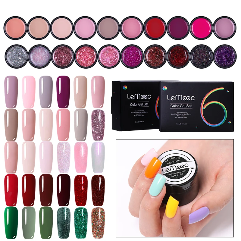 

LEMOOC 5ml 6Pcs/Lot with gift Box Pure Color Nail Gel Polish Shinning Glitter Sequins Nude Series Soak Off Nail Art Gel Varnish