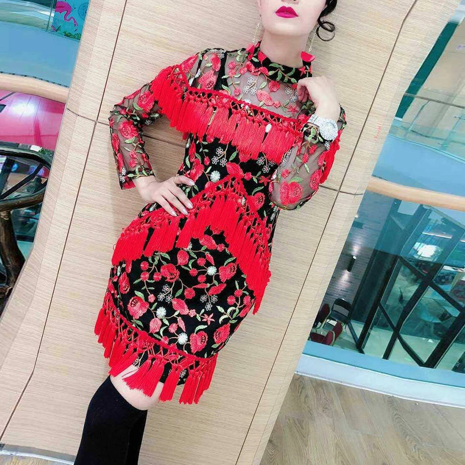 Новое модное женское платье красное мини-платье с круглым вырезом и длинными рукавами элегантное Сетчатое платье с цветочной вышивкой и кисточками облегающее платье