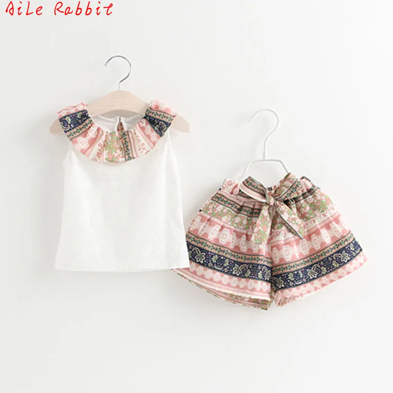 

100% Cotton 3-7 Years Girl Summer Set T-shirt +short Kids Set Clothes 2018 Girls Summer Sleeveless Suit Baby Clothing Set Girls