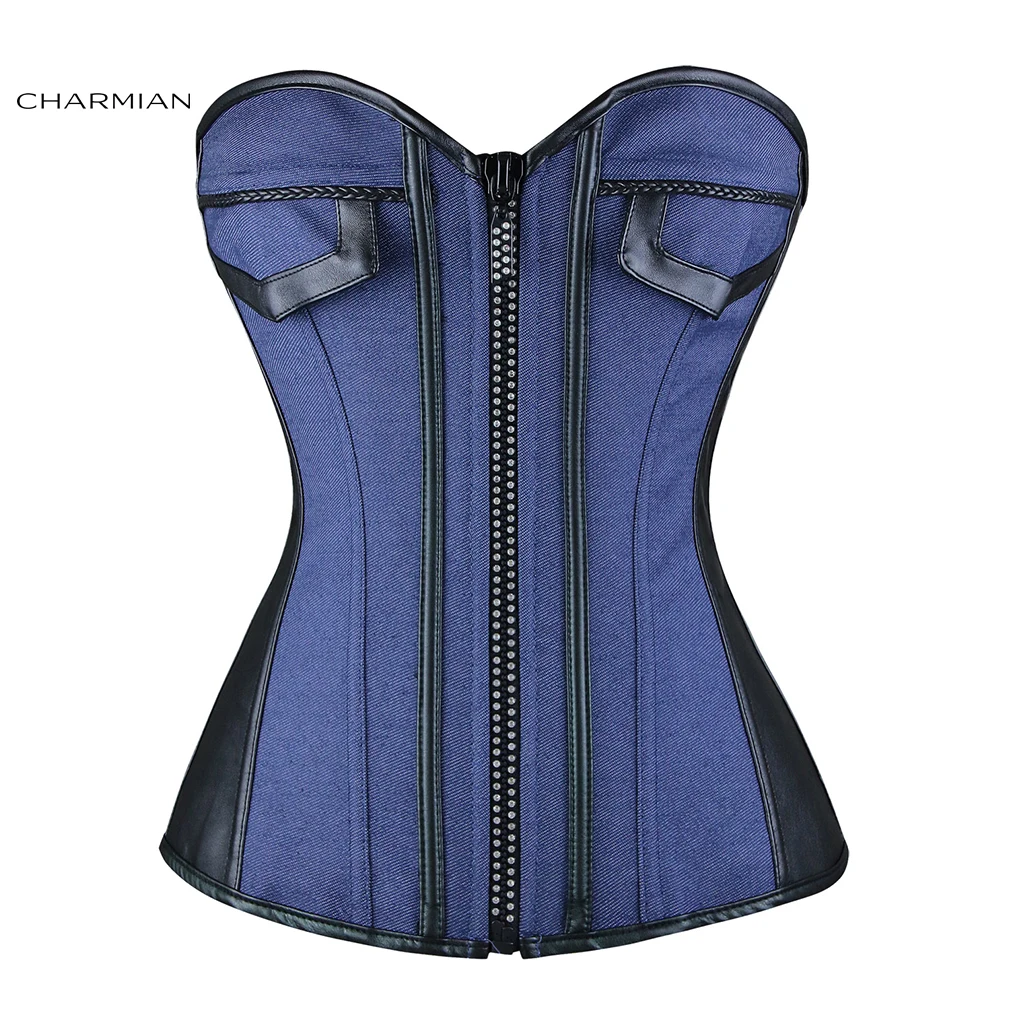 Charmian Women's Steampunk Overbust Corset Top Vintage Faux Leather