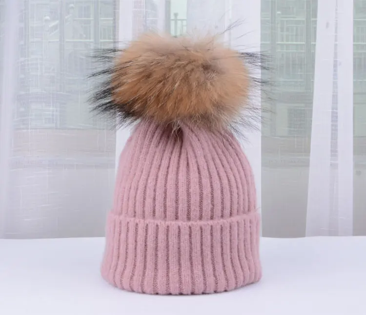 winter hats for girls kids boys knitted hat girl pom pom hat kids girls children natural raccoon Winter hats for children (15)
