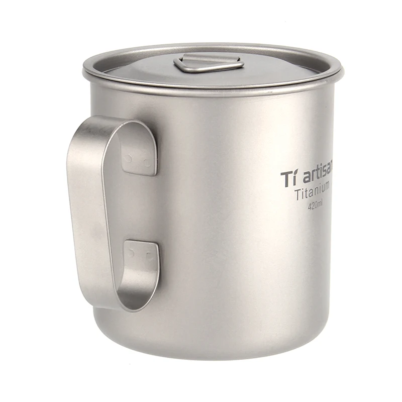 

420ml Tiartisan Titanium Cup Coffee Tea Mug Ultralight Metal Milk Mug Fixed Handle Drinkware For Home or Outdoor With Lid Ta8353