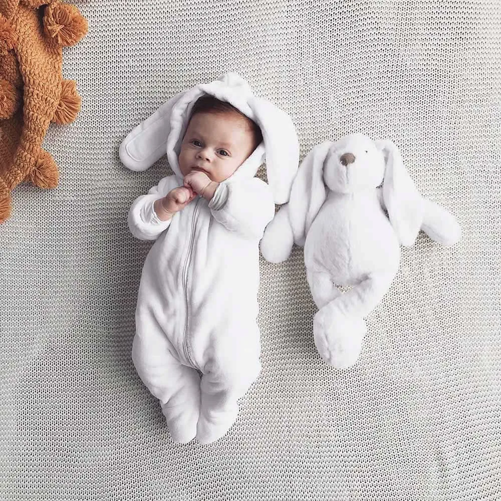 

Baby Rompers Toddler Boys Girls Cartoon Bunny Ears Warm Hooded Zip Romper Jumpsuit Cotton Off White Overalls For Newborns*95