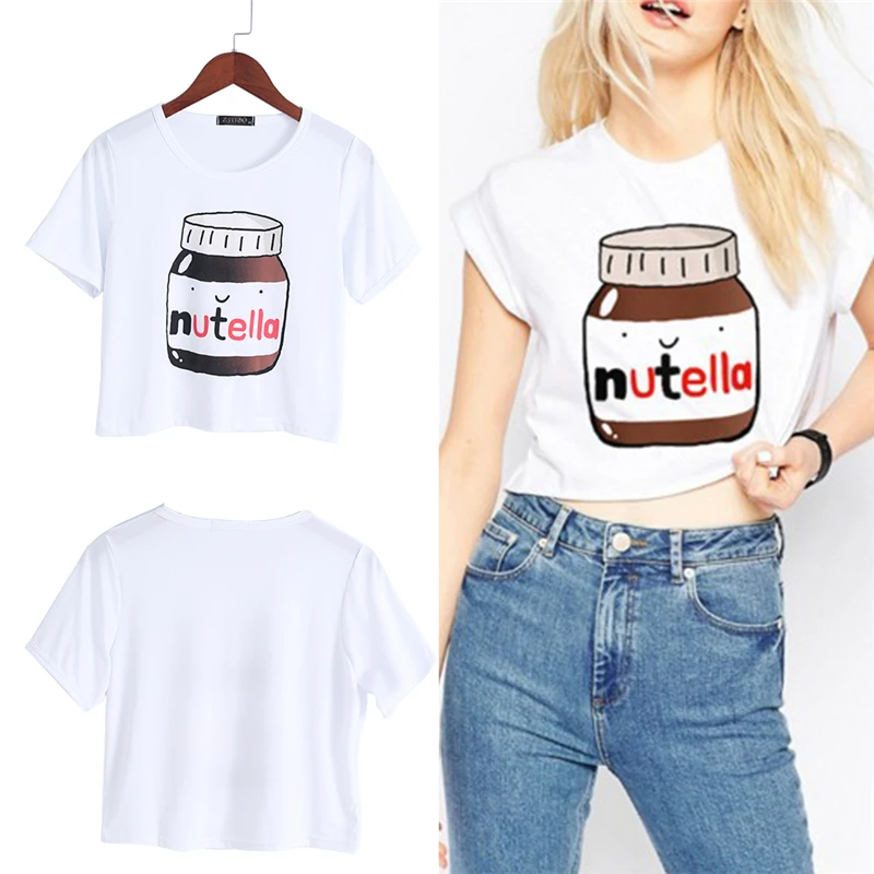Харадзюку летняя футболка Nutella принт белый короткий топ футболки с коротким рукавом Фитнес Женская мода Kawaii футболка