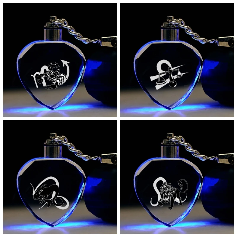 

Zodiac Horoscopes Heart Shape Anime LED Key Chains LOGO Figure Keyring Crystal Toy Keychain Light Keyholder Gift NEW