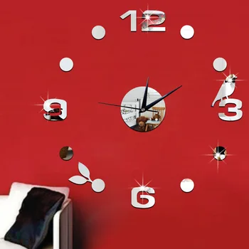 

Creative clock Wall sticker clock 3d Birdie Leaves Mirror sticker Digital clock ps plastic Mirror wallpaper free shipping