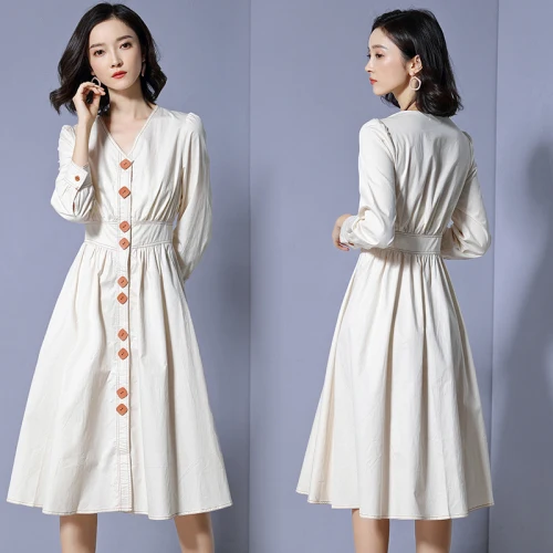 

2019 Spring Autumn Vintage V-Neck Single Breasted Button High Waist Cotton Office Women Dress Ladies Midi Long Dress Vestidos