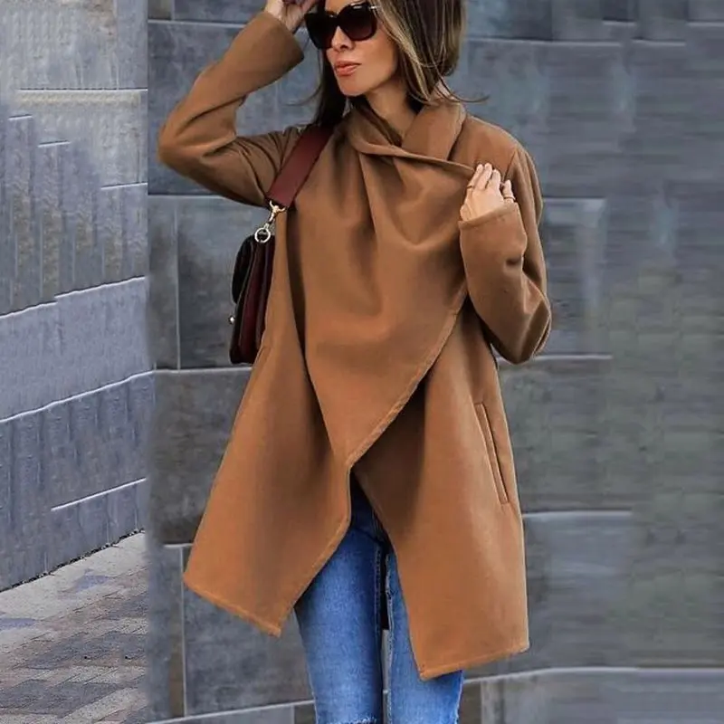 

Winter Office Ladies Casual Plus Size Blue Vintage Women Long Overcoats Loose Plain Belt Pockets Autumn Female Trench Coats