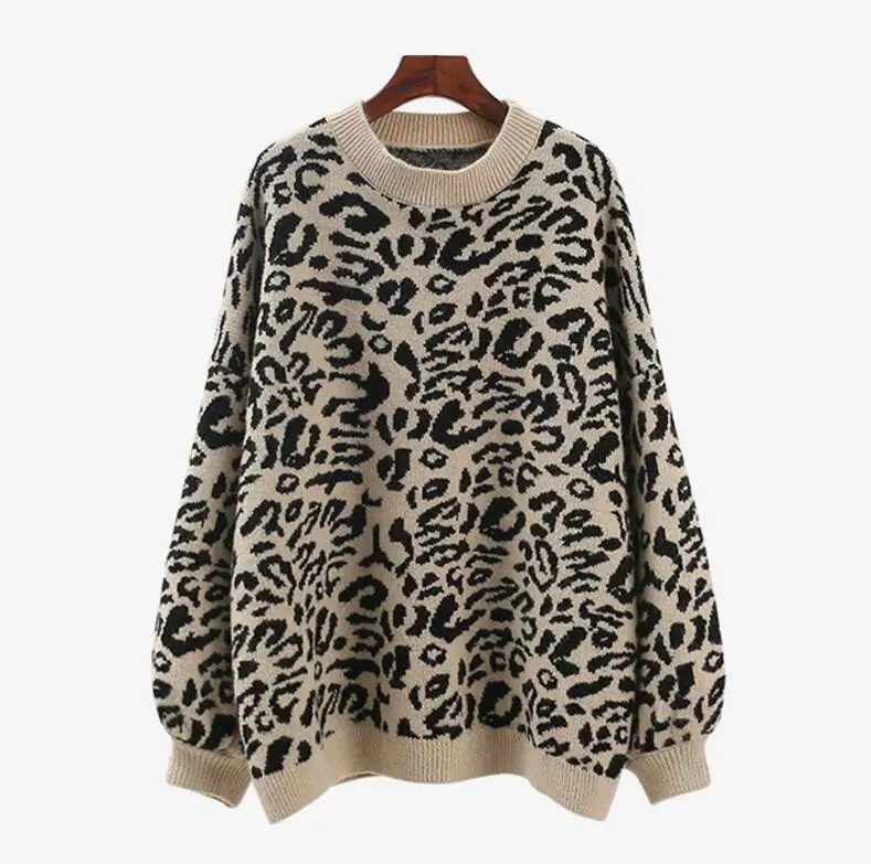 spring new Leopard Sweaters women Pullovers Loose Casual Knitted Tops autumn fashion O-Neck Lantern Sleeve Thick Sweaters - Цвет: Черный