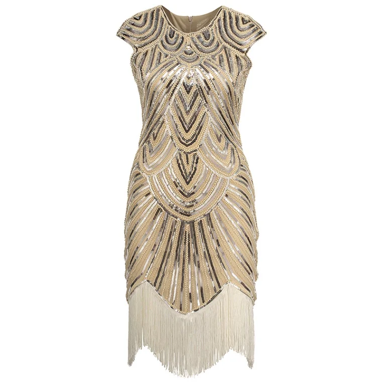 Женское платье в стиле Грейт Гэтсби, винтажное платье с круглым вырезом, рукавами-крылышками, пайетками, бусинами и кисточками, 1920 s, пышное платье, вечерние костюмы 20s - Цвет: beige