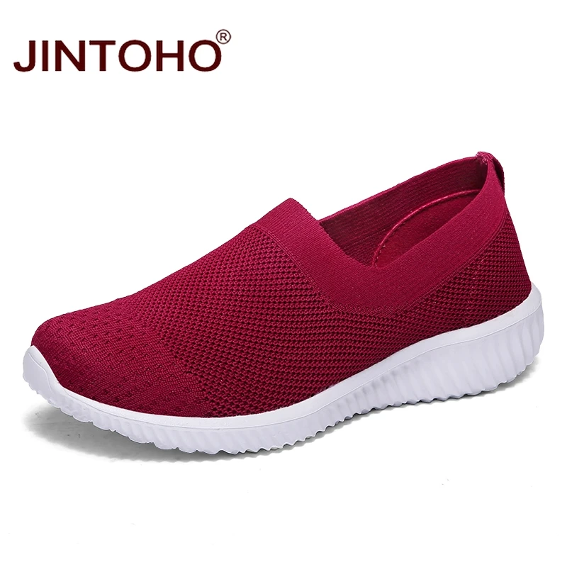 JINTOHO/дышащая женская повседневная обувь; Модные женские кроссовки; Брендовая женская обувь; слипоны; женские лоферы; повседневная женская обувь на плоской подошве - Цвет: wine red
