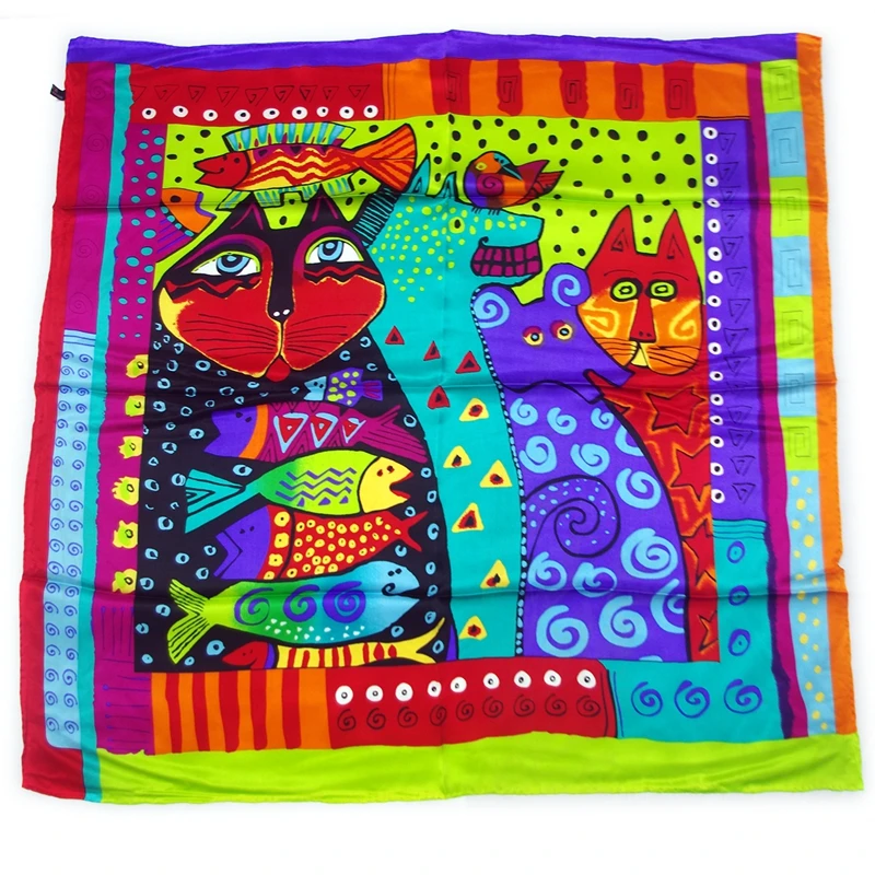 Квадратный шелковый шарф шаль разработан из всемирно известного масла картина, художественное творчество 3 цвета с принтом кошки