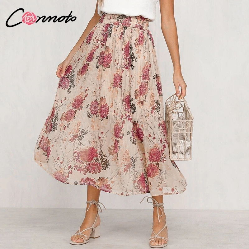 

Conmoto Ruffles Floral Print Chiffon Women Skirts High Waist Bohemian Long Pleated Skirts Mujer Casual Retro Feminino Skirt