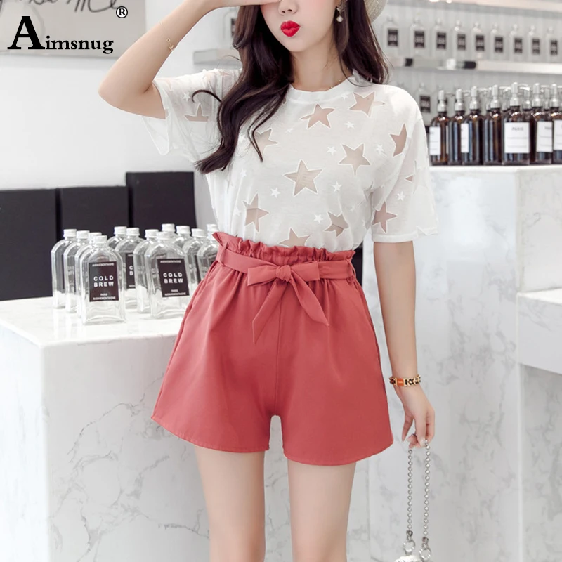 

Aimsnug Black Vintage Slant Pocket High Waist Loose Shorts Elastic band Belt New Summer Casual Streetwear Solid Women Shorts