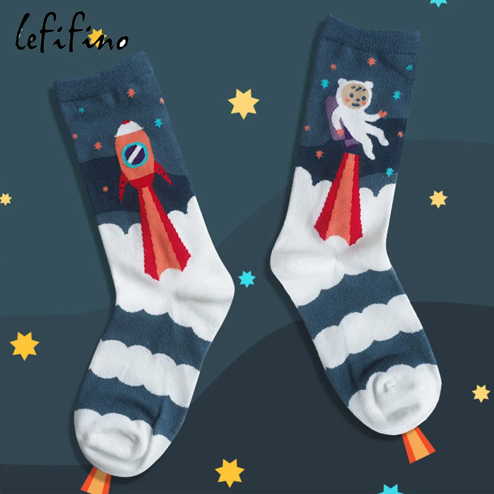 Мужские хлопковые цветные длинные носки с изображением радуги, единорога, розового цвета, Новые забавные Женские носочки, красного цвета, Ne77430 - Цвет: spaceship socks