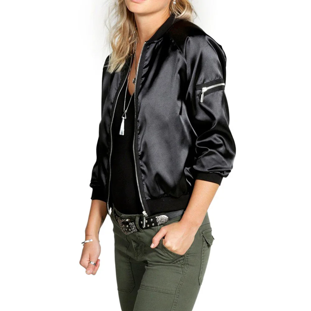 Buy New Sexy Black Golden Zipper Satin Bomber Jacket