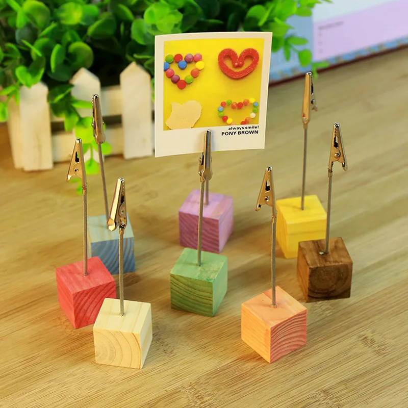 Wood Cube Picture Stand Holder Clip School Office Supplies Tools Desk Accessories Organizer Joy