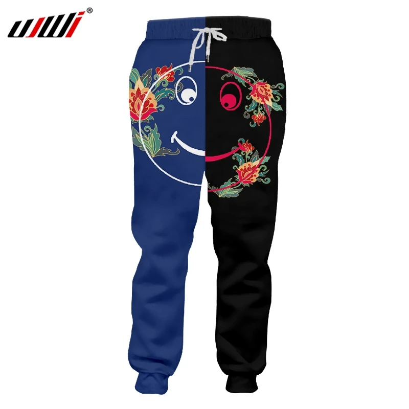 UJWI New Men's 3D Printed Funny Pants Colored Flowers Pattern Bodybuilding Man Smiley Face Harajuku Blue Sweatpants | Мужская одежда