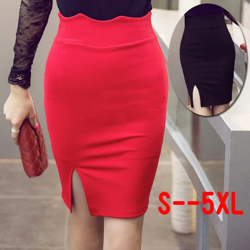 Image 2015 Summer Vintage Fashion Pencil Skirt  Above Knee Women Elastic Slit Skirt High Waist Black Red Saias Femininas