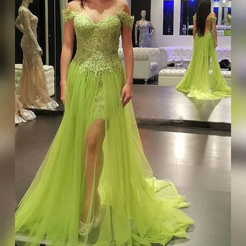 

New Charming Evening Dresses 2019 Apple Green Tulle Off the Shoulder Lace Applique Floor Length A Line Custom Made