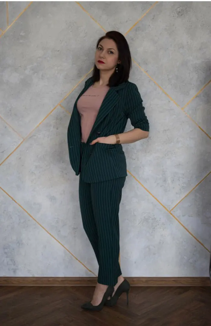 Work Pant Suits OL 2 Piece Sets Double Breasted Striped Blazer Jacket& Zipper Trousers Suit For Women Set Feminino Spring