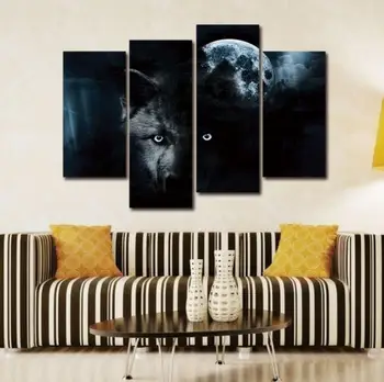 

4 pieces / set of painting black wolf and full moon wall art picture poster artwork home decoration