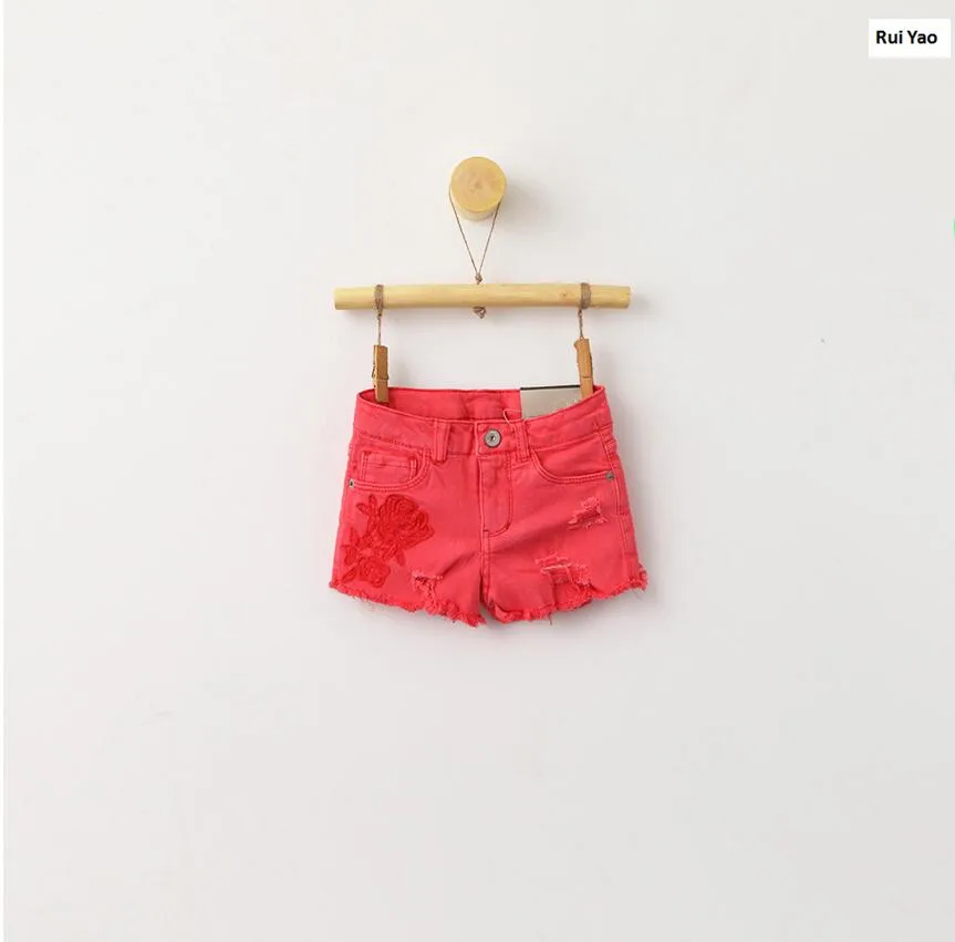 Летние Шорты для девочек джинсовые шорты для малышей однотонные синие и красные однотонные с аппликацией и цветочным узором; повседневная детская одежда в стиле «лолита»