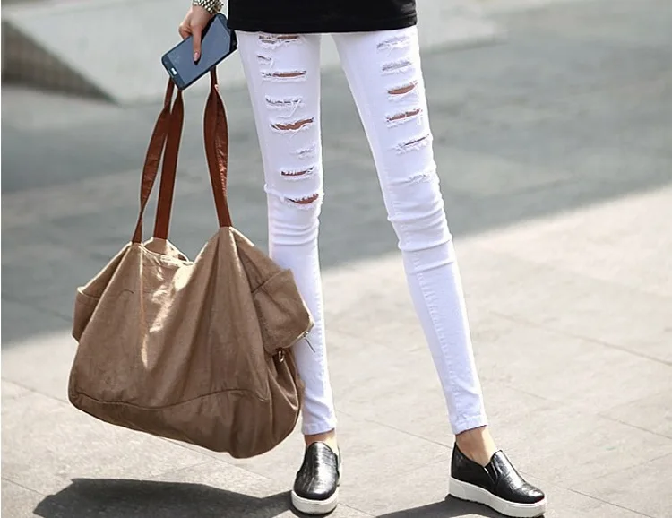 

Fashion 2018 Women's Summer Broken Hole Jeans Korean Style Ladies Black/White Skinny Jeans Slim Stretch Denim Jeans Size 26~31