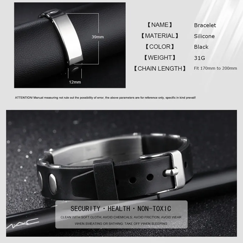 Cena Biżuteria punkowa czarny silikonowe bransoletki regulowany bransoletki z Charms bransoleta ze stali tytanu dla mężczyzn dla kobiet 2018 Pulseiras