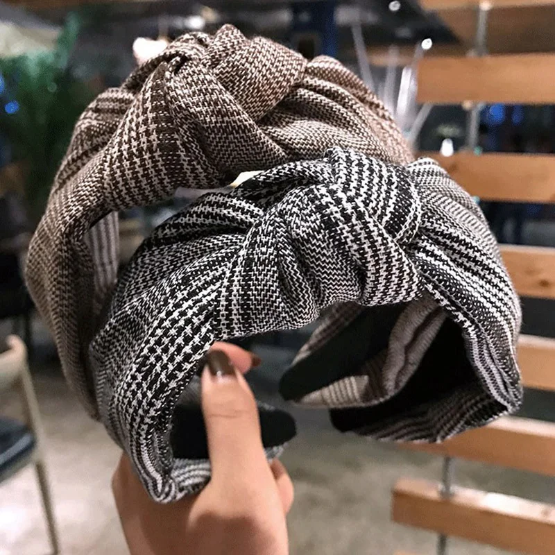 

Classic Big Headbands for Women Elegant Plaid Stripe Pattern Cross Knot Wide Turban Hair Jewelry Accessories Women Ornament 2019