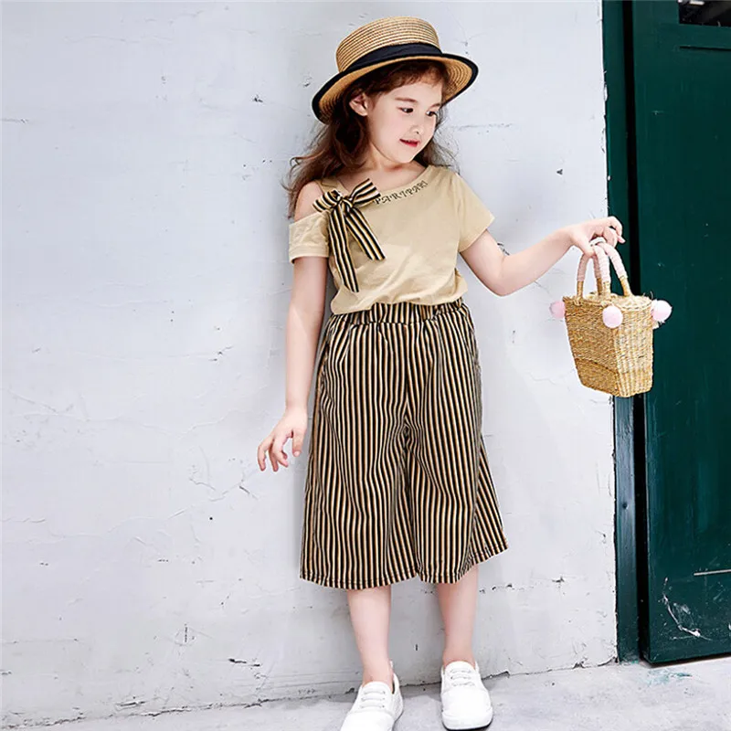 Toddler Kids Baby Girl Bowknot T shirt Tops Striped Loose Pants Clothes Set (5)