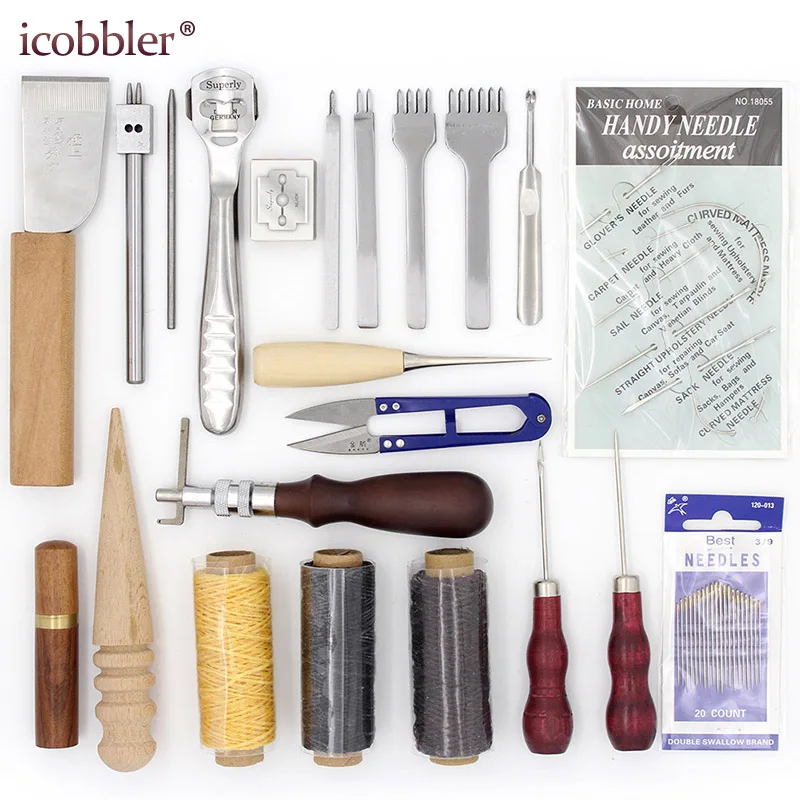 

21 Pcs/Lot Leather Craft Hand Tools Set for Sewing,Hole Punching Thread Scissors,Awl with Hook Thinning Groover for Leather Edge