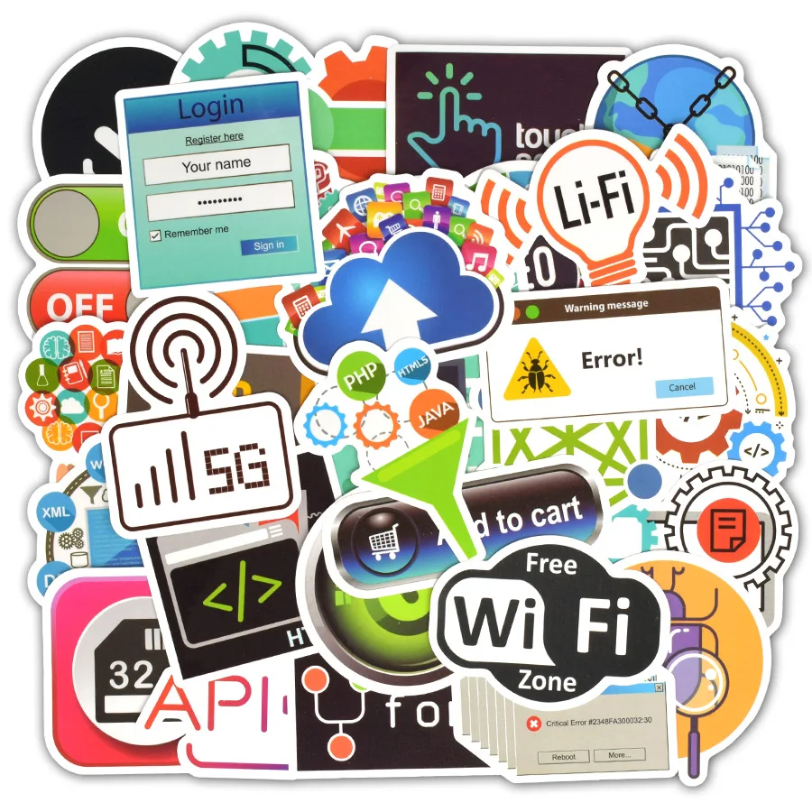 50 PCS Internet Sticker Programming Language Html Cloud APP Stickers Gifts for Geek Hacker to DIY Laptop Car PS4 Phone Luggage