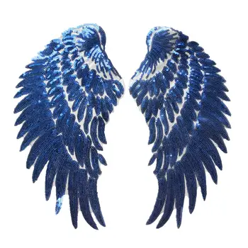 

2PCS Blue Sequin Feather Angel Wings Sew Iron on Patches Dreamy Appliques 33CM For Dress Jeans Shirt DIY Decoration