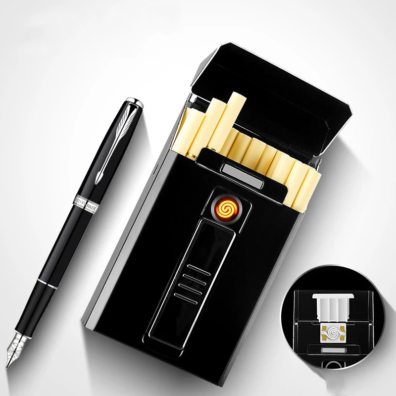  Metal Cigarette Case Box with Electronic Lighter USB Portable Plasma Tungsten Lighter Waterproof Ho
